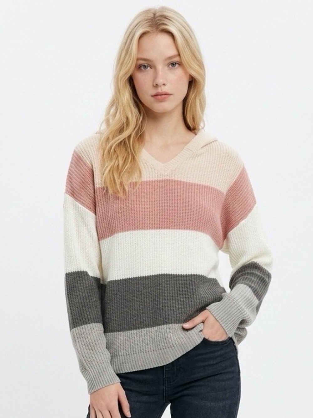 Cozy V-Neck Striped Pullover Sweater in Cream, Blush & Gray